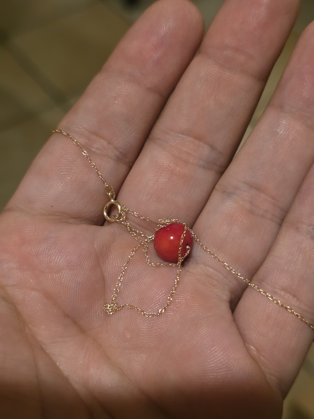 14k Gold Chain Necklace with Red Bead Pendant